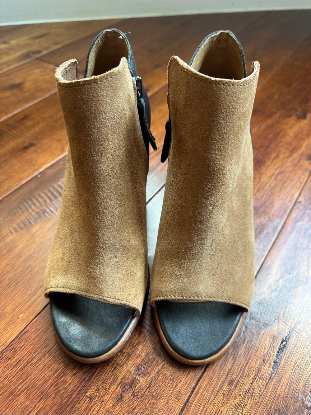 Sorel Tan Suede Peep-Toe Ankle Mules